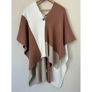 Poof Apparel Colorblock Knit Poncho Wrap Terracotta Cream Boho Minimalist L